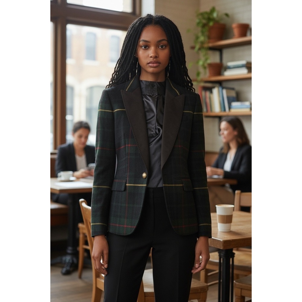 J.Crew Collection Black Watch Plaid Wool Tuxedo Blazer Gold Buttons Petite 000
